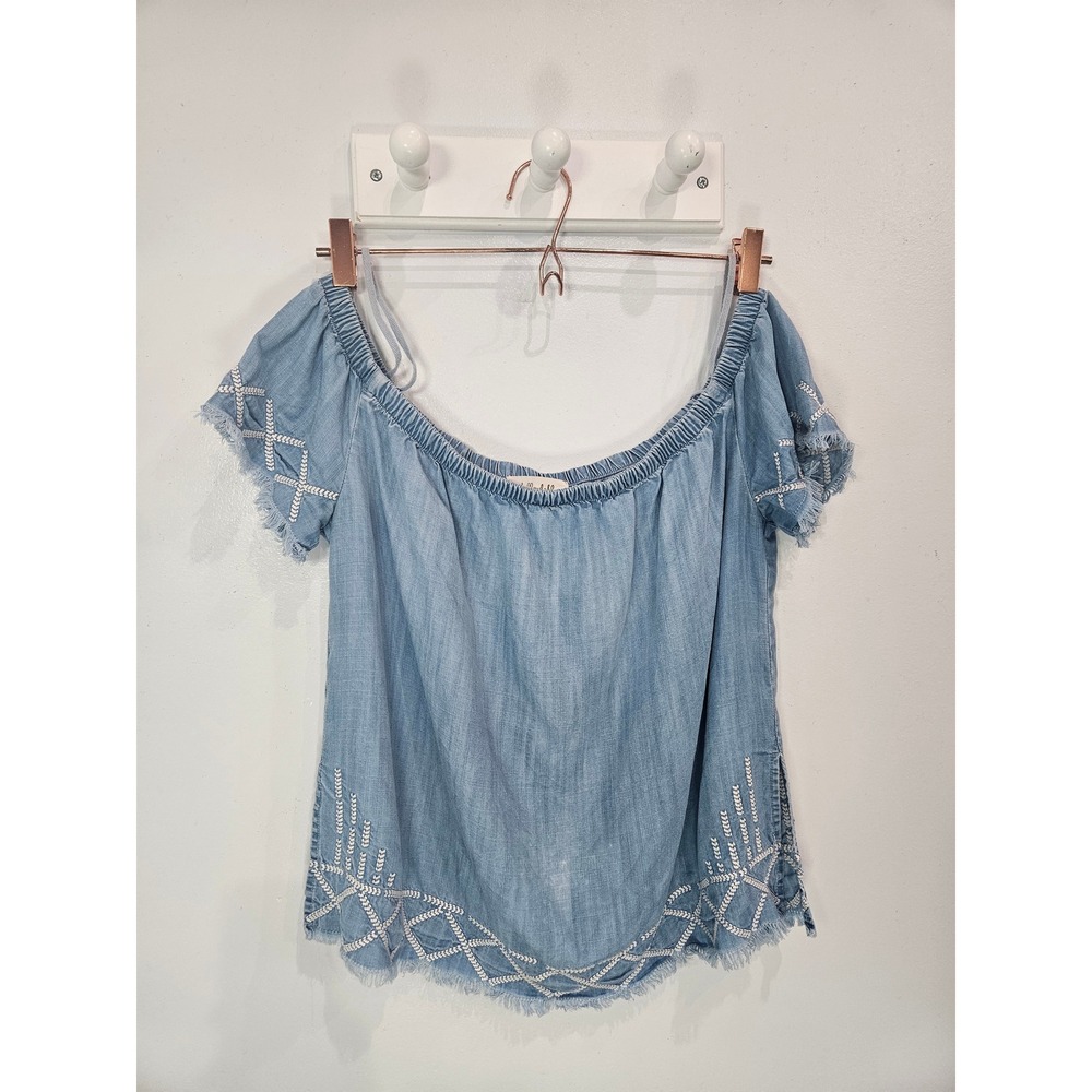 Bella Dahl Blue Embroidered Tencel Off Shoulder Top B2334-549 Small